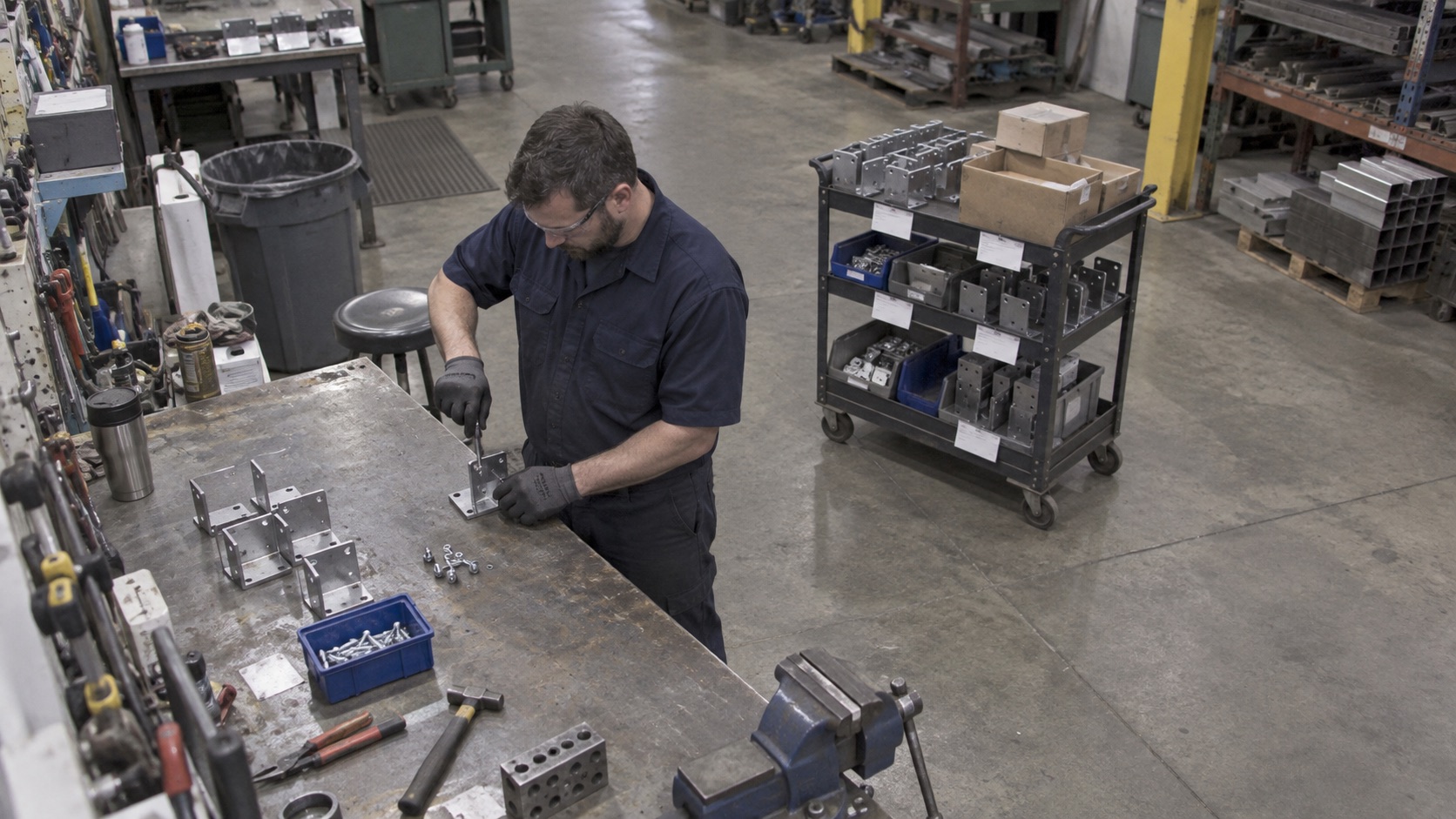 Before: the operator holds the bracket in position by hand while tightening a fastener.